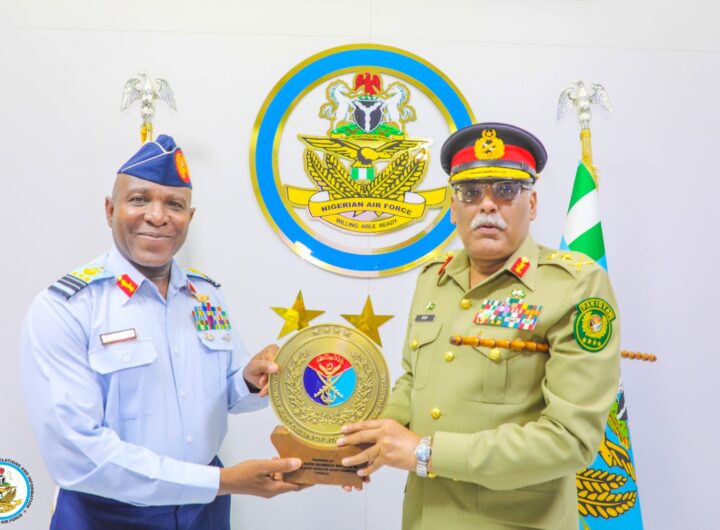 Chief of the Air Staff (CAS), Air Marshal Hasan Bala Abubakar and the Chairman Joint Chiefs of Staff Committee of the Islamic Republic of Pakistan, General Sahir Shamshad Mirza, during a courtesy visit at the Headquarters of the Nigerian Air Force (NAF) in Abuja