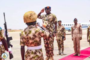 Chief of the Air Staff (CAS), Air Marshal Hasan Abubakar, during a visit to the Air Component of Operation HADIN KAI in Maiduguri.