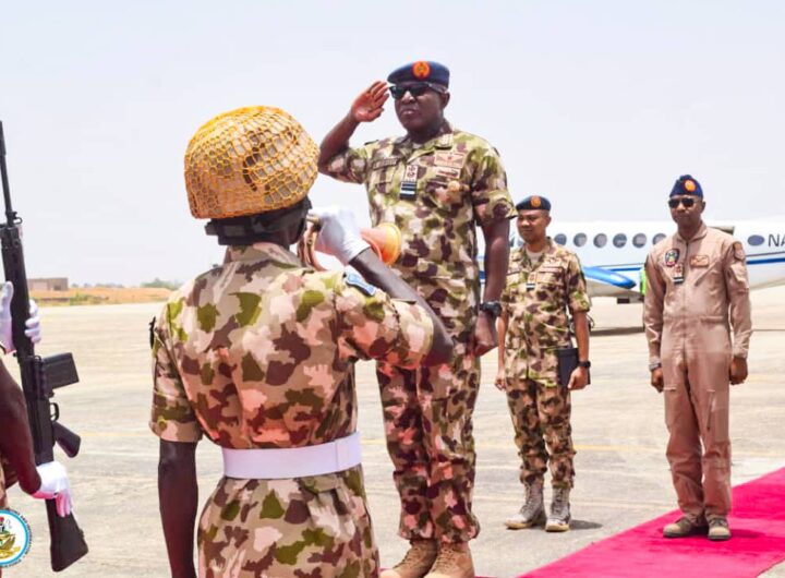 Chief of the Air Staff (CAS), Air Marshal Hasan Abubakar, during a visit to the Air Component of Operation HADIN KAI in Maiduguri.