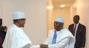 Former President Muhammadu Buhari receives Atiku Abubakar and others in Kaduna State on April 11, 2025. Credit: X/@atiku