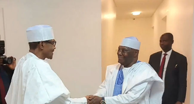 Former President Muhammadu Buhari receives Atiku Abubakar and others in Kaduna State on April 11, 2025. Credit: X/@atiku