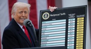U.S. President Donald Trump holds up a chart of “reciprocal tariffs” while speaking during a “Make America Wealthy Again” trade announcement event in the Rose Garden at the White House on April 2, 2025 in Washington, DC. (Photo by CHIP SOMODEVILLA / GETTY IMAGES NORTH AMERICA / Getty Images via AFP)
