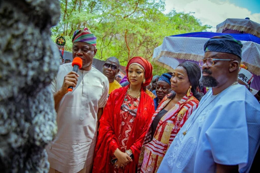 Governor Makinde (with mic) speaking at the opening ceremony of the KAP Film Village and Resort, on Saturday. On his immediate left is the Minister of Arts, Culture, Tourism, and Creative Economy, Hannatu Musawa