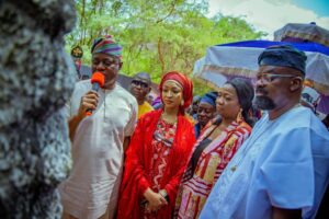 Governor Makinde (with mic) speaking at the opening ceremony of the KAP Film Village and Resort, on Saturday. On his immediate left is the Minister of Arts, Culture, Tourism, and Creative Economy, Hannatu Musawa
