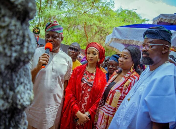 Governor Makinde (with mic) speaking at the opening ceremony of the KAP Film Village and Resort, on Saturday. On his immediate left is the Minister of Arts, Culture, Tourism, and Creative Economy, Hannatu Musawa