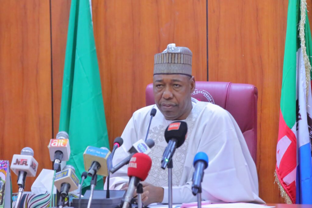 Borno State Governor, Babagana Zulum during an expanded security meeting at Government House