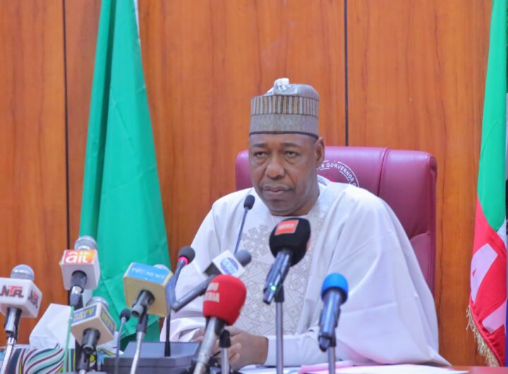 Borno State Governor, Babagana Zulum during an expanded security meeting at Government House