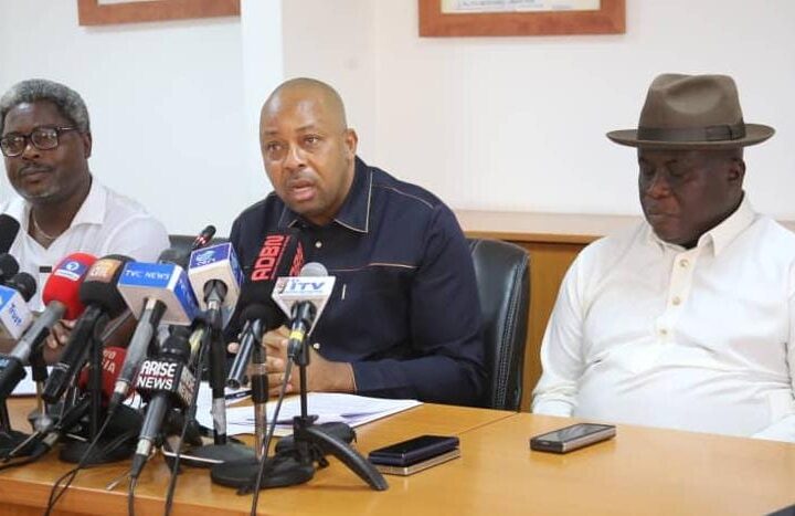 L-R) SSA on Public Communication and New Media to FCT Minister, Mr. Lere Olayinka, Director, Land Administration, FCTA, Mr. Chijioke Nwankwoeze, SSA on Land Urban and Regional Planning to the FCT Minister, Hon. Micheal Chinda during the Press briefing on new land reforms in the FCT on Friday