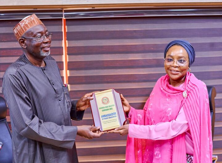 Jigawa State Governor, Umar Namadi, and the Executive Secretary of Universal Basic Education Commission (UBEC), Aisha Garba, during a courtesy visit at the Commission’s headquarters in Abuja