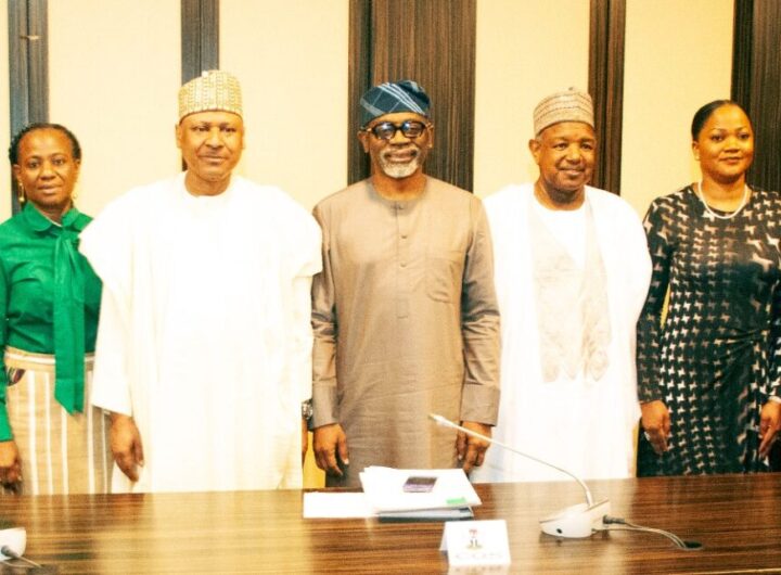 L–R: Nasir Kwarra, Chairman of the National Population Commission (NPC); Oyinade Nathan-Marsh, SSA to the President, Admin and Operations (OCOS); Alhaji Muhammed Idris, Minister of Information and National Orientation; Hon. Femi Gbajabiamila, Chief of Staff to the President; Sen. Atiku Bagudu, Chairman of the Presidential Committee on Population and Housing Census and Minister of Budget and Economic Planning; Mr Abisoye Odusote, D-G, National Identity Management Commission (NIMC) and Mr Raymond Omachi, Permanent Secretary, Federal Ministry of Finance, at the inauguration of the Presidential Committee on Population and Housing Census held at the Residential Villa, Abuja.