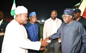 From left: Sen. George Akume, Secretary to the Government of the Federation, Nyesom Wike, FCT Minister, and President Bola Ahmed Tinubu during his from from working visit to Europe at the Presidential wing of Abuja Airport on Monday.
