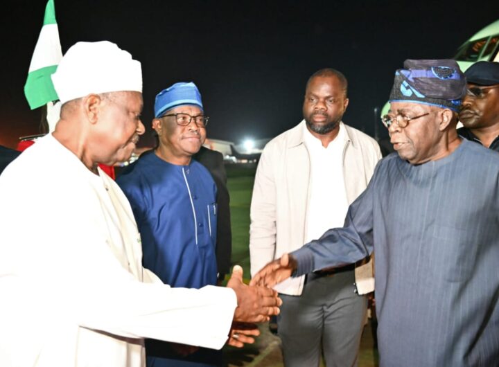 From left: Sen. George Akume, Secretary to the Government of the Federation, Nyesom Wike, FCT Minister, and President Bola Ahmed Tinubu during his from from working visit to Europe at the Presidential wing of Abuja Airport on Monday.