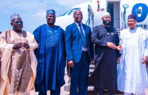 L-R: Former Niger State Governor, Dr. Babangida Aliyu; Minister of State for Agriculture and Food Security, Dr Aliyu Abdullahi; Chief Executive Officer of Overland Air, Mr Edward Boyo; Niger State Governor, Hon. Umaru Bago and Minister of Information and National Orientation, Mohammed Idris, at the inauguration of commercial flight from Bola Tinubu International Airport Minna to Nnamdi Azikiwe International Airport, Abuja on Wednesday.