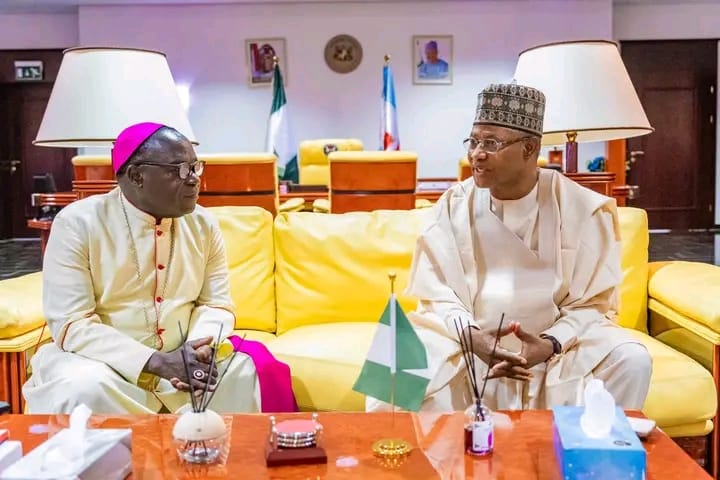 Catholic Bishop of Sokoto Dioceses, Bishop Mathew Hassan Kukah, during a courtesy visit to Governor Uba Sani at Sir Kashim Ibrahim House, Kaduna