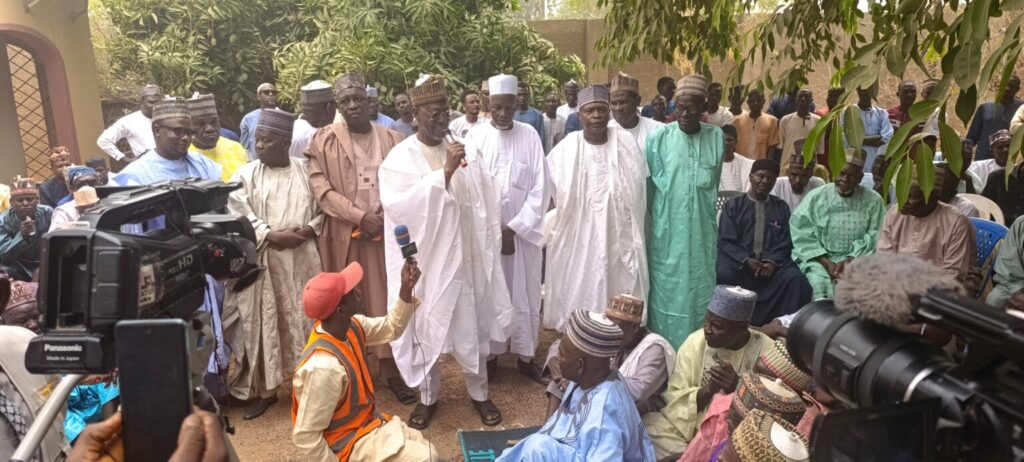 PDP chieftain, Adamu Waziri, addressing members of the party on Friday in Potiskum, Yobe