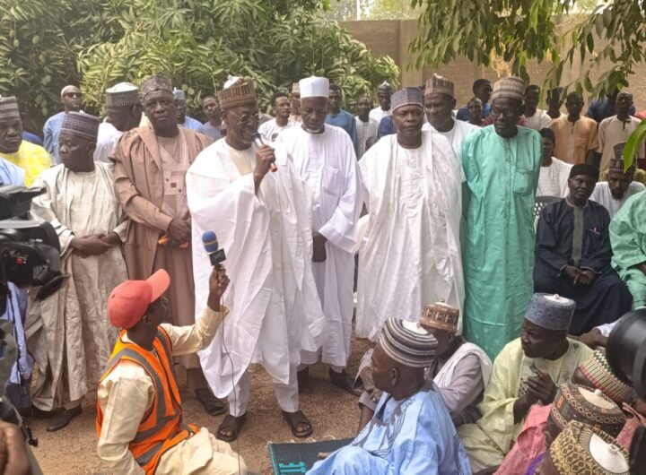 PDP chieftain, Adamu Waziri, addressing members of the party on Friday in Potiskum, Yobe