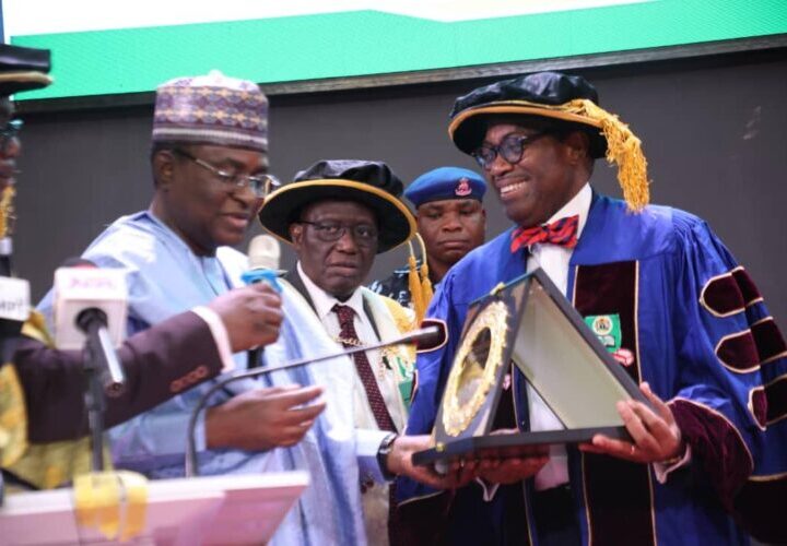 L-R: Former Bauchi State Governor, Isa Yuguda; Prof. Olufemi Peters, Vice-Chancellor, National Open University of Nigeria and Prof. Akinwumi Adesina, President, African Development Bank (AfDB), during the 14th convocation lecture of NOUN