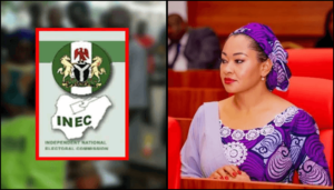 INEC logo and Senator Natasha Akpoti (Kogi-Central PDP)