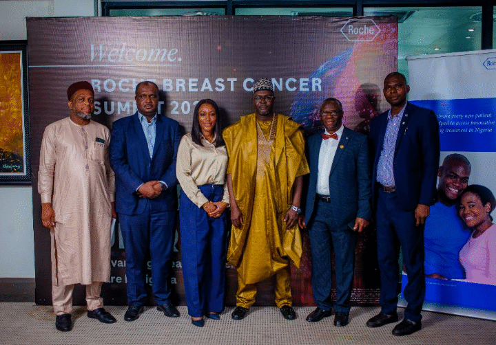 Prof. Ali Gombe, Ag. Director Clinical Services, National Institute for Cancer Research and Treatment (NICRAT); Dr Ladi Hameed, General Manager, Roche Nigeria; Dr Bola Oyedej, Medical Director, Roche Nigeria; Ph. Alhassan, National Health Insurance Authority; Prof. E. R Ezeome, Keynote Speaker and Dr Uche Nwokwu, National Cancer Control Plan Coordinator, Federal Ministry of Health at the Roche Breast Cancer Summit 2025 in Lagos- April 16, 2025.