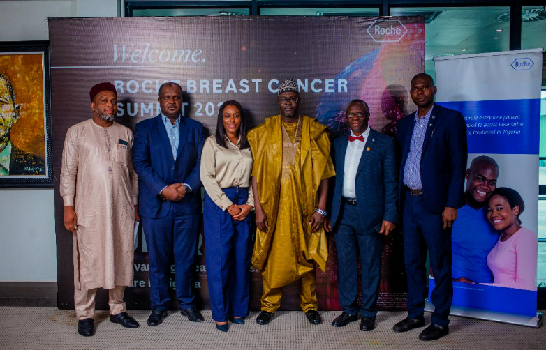 Prof. Ali Gombe, Ag. Director Clinical Services, National Institute for Cancer Research and Treatment (NICRAT); Dr Ladi Hameed, General Manager, Roche Nigeria; Dr Bola Oyedej, Medical Director, Roche Nigeria; Ph. Alhassan, National Health Insurance Authority; Prof. E. R Ezeome, Keynote Speaker and Dr Uche Nwokwu, National Cancer Control Plan Coordinator, Federal Ministry of Health at the Roche Breast Cancer Summit 2025 in Lagos- April 16, 2025.