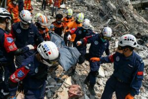Rescue efforts at the scene of an earthquake in Myanmar