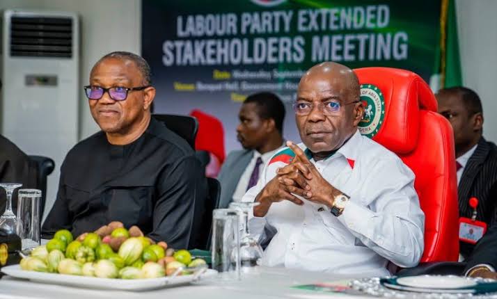 L-R: 2023 presidential candidate of Labour Party, Peter Obi and Abia State Governor, Alex Otti, during stakeholders meeting