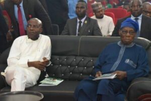 L-R: Gov.Alex Otti of Abia with former President Olusegun Obasanjo during the launch of the 2025 Sound Hearing Intervention Mission for states in South-East Geopolitical Zone, on Thursday, in Umuahia