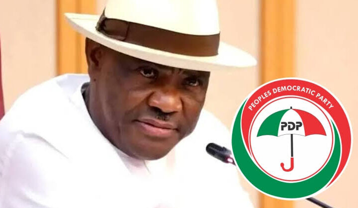 FCT Minister, Nyesom Wike and PDP logo