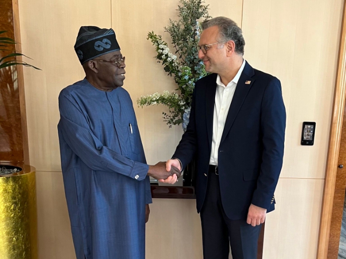 Pls put in to a better caption: President Bola Ahmed Tinubu in handshake with a State Department representative from President Donald J. Trump's administration, Mr. Massad Boulos, during a courtesy visit in Paris