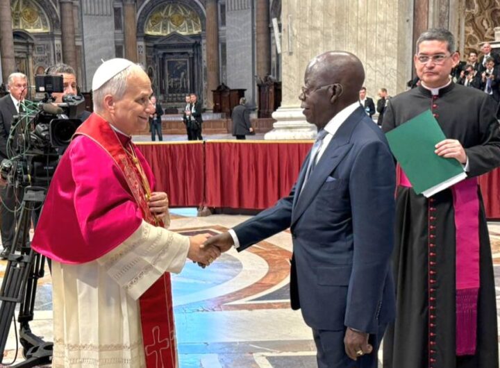 President Bola Tinubu exchanging pleasantries with Pope Leo XIV at the installation mass for the new Pope in Rome on Sunday. Photo: State House.