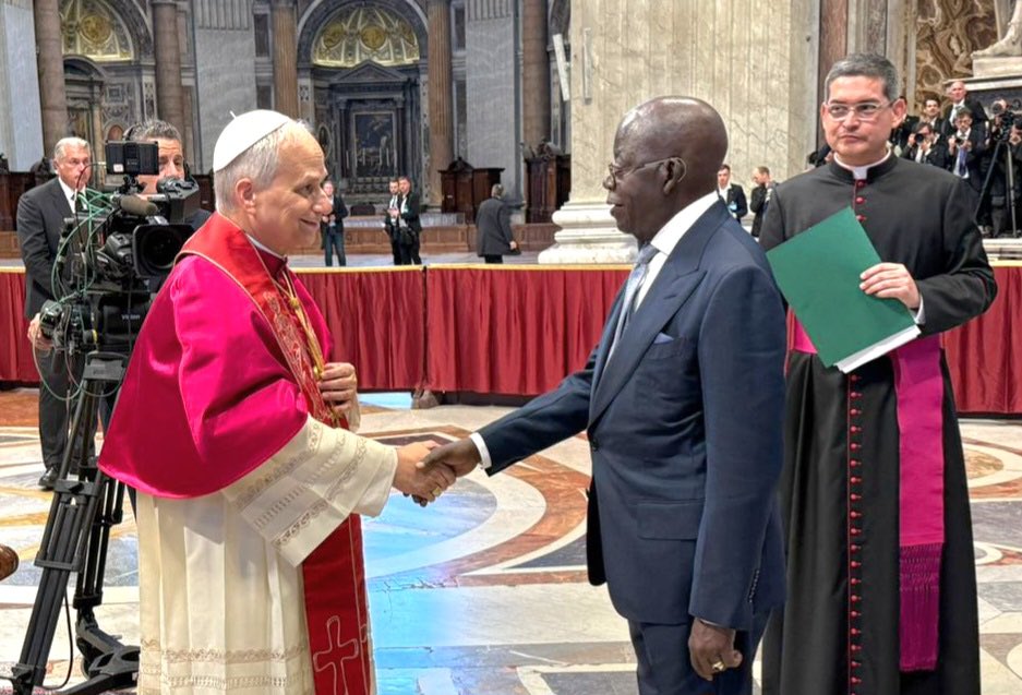President Bola Tinubu exchanging pleasantries with Pope Leo XIV at the installation mass for the new Pope in Rome on Sunday. Photo: State House.
