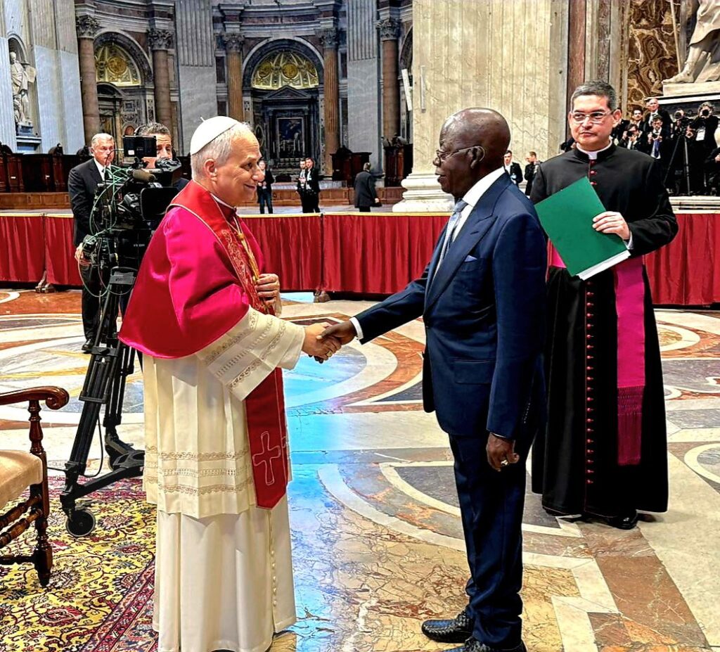 President Bola Tinubu exchanging pleasantries with Pope Leo XIV at the installation mass for the new Pope in Rome on Sunday. Photo: State House.