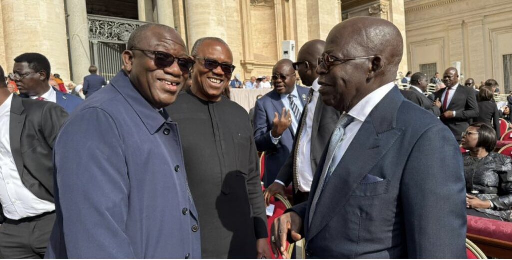 President Bola Tinubu, Mr Peter Obi, the Labour Party Presidential candidate, and former Ekiti governor Kayode Fayemi shortly after the inauguration Mass of Pope Leo XIV in Rome