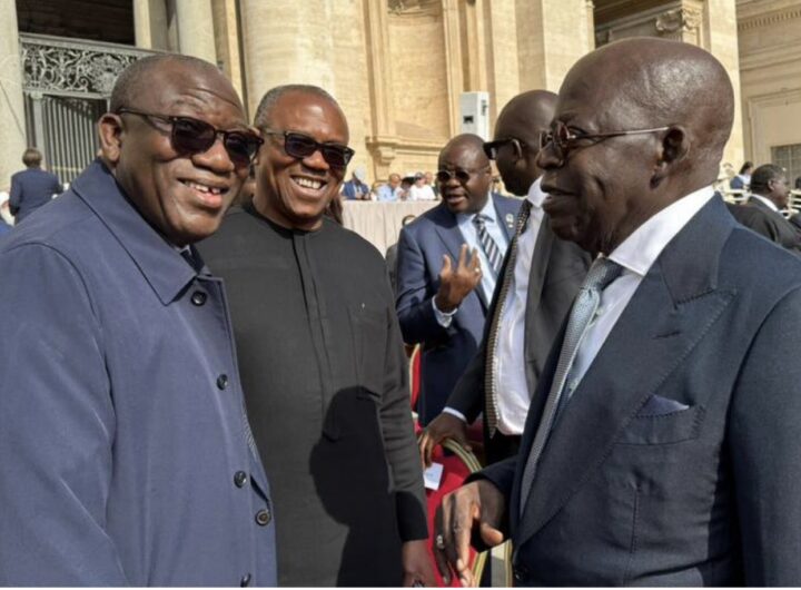President Bola Tinubu, Mr Peter Obi, the Labour Party Presidential candidate, and former Ekiti governor Kayode Fayemi shortly after the inauguration Mass of Pope Leo XIV in Rome