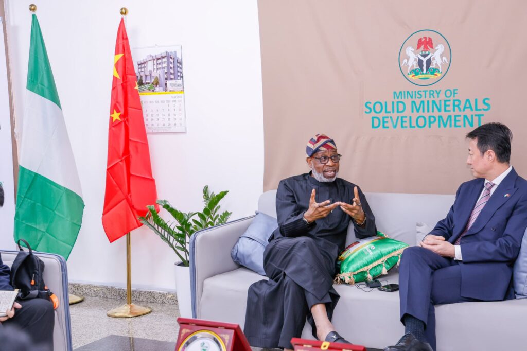 The Minister of Solid Minerals Development, Dr Dele Alake (left), with the Chinese Ambassador to Nigeria, Yu Dunhai during a recent visit to the minister’s office in Abuja