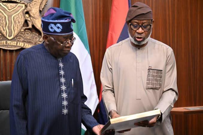 President Bola Tinubu and Minister of Solid Minerals Development, Dr Dele Alake