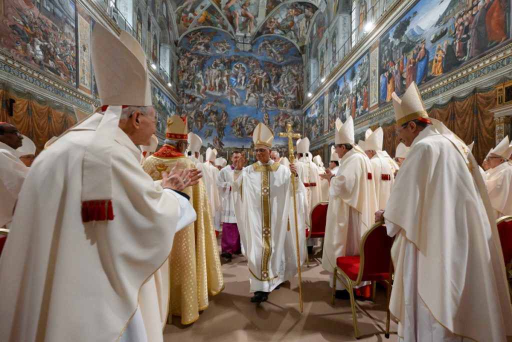 Pope Leo XVI celebrates first mass in Sistine Chapel 2 This photo taken and handout on May 9, 2025 by The Vatican Media shows Pope Leo XIV during a mass with cardinals in the Sistine Chapel in The Vatican. (Photo by Handout / VATICAN MEDIA / AFP)