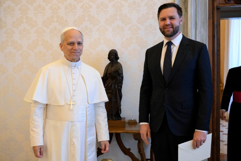 This photo taken and handout on May 19, 2025 by The Vatican Media shows US Vice President JD Vance during a private audience with Pope Leo XIV in The Vatican. (Photo by Handout / VATICAN MEDIA / AFP)