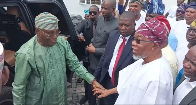 Former Vice President Atiku Abubakar meets with ex-governor Rauf Aregbesola in Osun State on May 23, 2025. Credit: X/@atiku