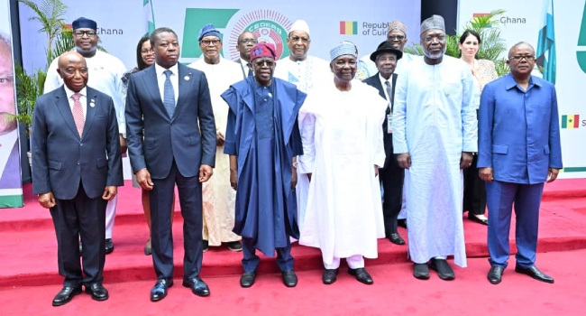 President Bola Ahmed Tinubu, Liberian President, Joseph Nyuma Boakai; Togo President, Jean-Lucien Savi de Tové;; former Head of State, Yakubu Gowon; President of the ECOWAS Commission, Umar Alieu Touray; President of the Republic of Guinea Bissau, Umaro Sissoco Emalo and other leaders during the ECOWAS golden jubilee in Lagos on Wednesday.