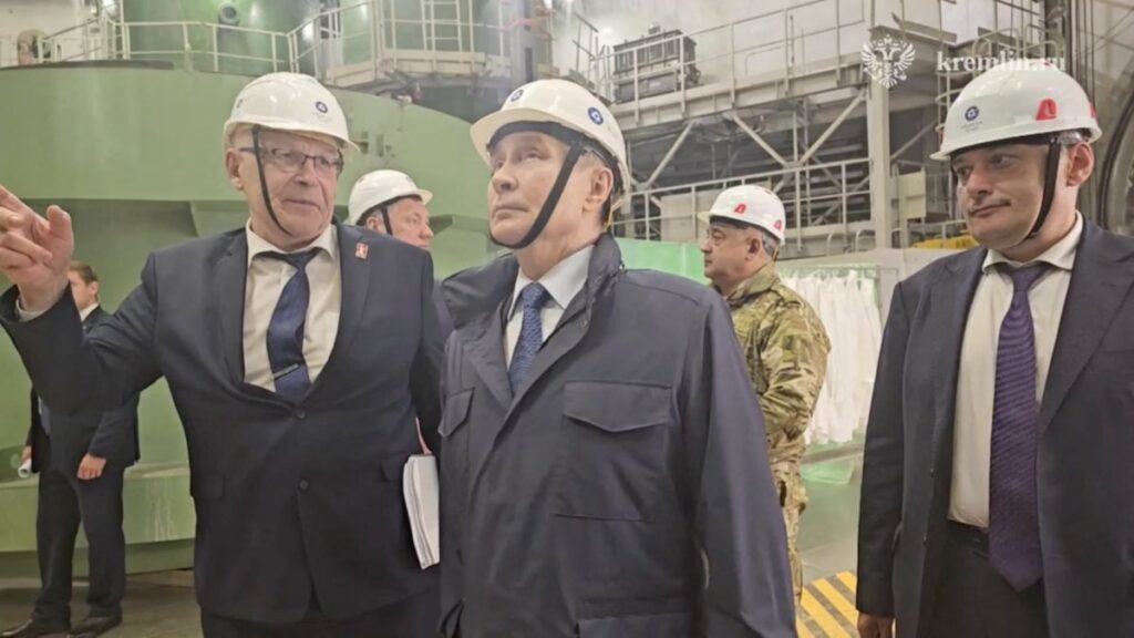 Russian President Vladimir Putin visits the Kursk-II nuclear power plant under construction, in the Kursk Region, Russia, in this still image taken from video released May 21, 2025. Kremlin.ru/Handout via REUTERS