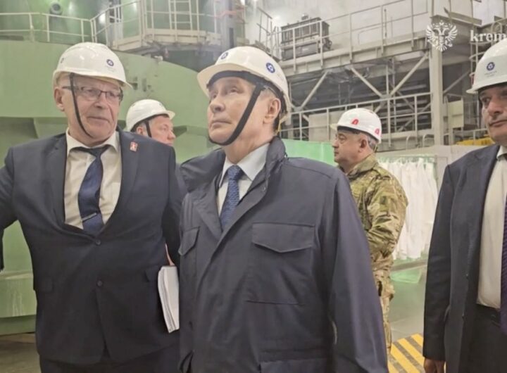 Russian President Vladimir Putin visits the Kursk-II nuclear power plant under construction, in the Kursk Region, Russia, in this still image taken from video released May 21, 2025. Kremlin.ru/Handout via REUTERS