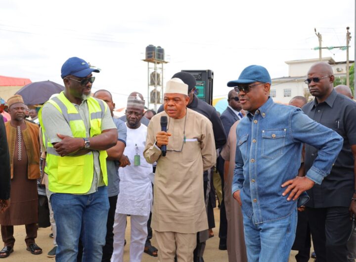 FCT Minister Nyesom Wike (right) during inspection of dualisation of Ushafa road in Bwari Area Council on Saturday.
