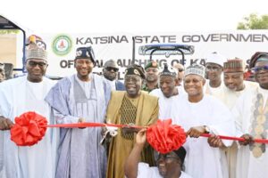 L-R: Kwara State Governor Abdulrahman Abdulrazaq; Katsina State governor, Malam Dikko Radda; President Bola Ahmed Tinubu; APC National Chairman, Abdullahi Ganduje; Kaduna State Governor, Senator Uba Sani; Minister of Agriculture and Food Security, Abubakar Kyari, and others during the Official Launching of Katsina State Agricultural Mechanisation, held in Katsina State