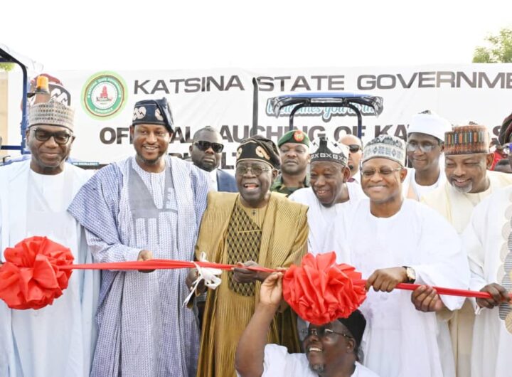 L-R: Kwara State Governor Abdulrahman Abdulrazaq; Katsina State governor, Malam Dikko Radda; President Bola Ahmed Tinubu; APC National Chairman, Abdullahi Ganduje; Kaduna State Governor, Senator Uba Sani; Minister of Agriculture and Food Security, Abubakar Kyari, and others during the Official Launching of Katsina State Agricultural Mechanisation, held in Katsina State