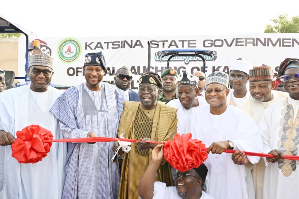 L-R: Kwara State Governor Abdulrahman Abdulrazaq; Katsina State governor, Malam Dikko Radda; President Bola Ahmed Tinubu; APC National Chairman, Abdullahi Ganduje; Kaduna State Governor, Senator Uba Sani; Minister of Agriculture and Food Security, Abubakar Kyari, and others during the Official Launching of Katsina State Agricultural Mechanisation, held in Katsina State