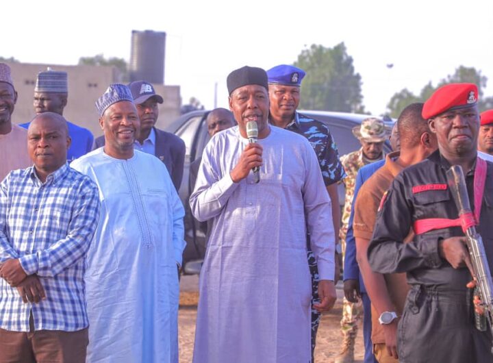 Borno State Governor, Babagana Zulum addressing the press on Monday at Muna IDP camp