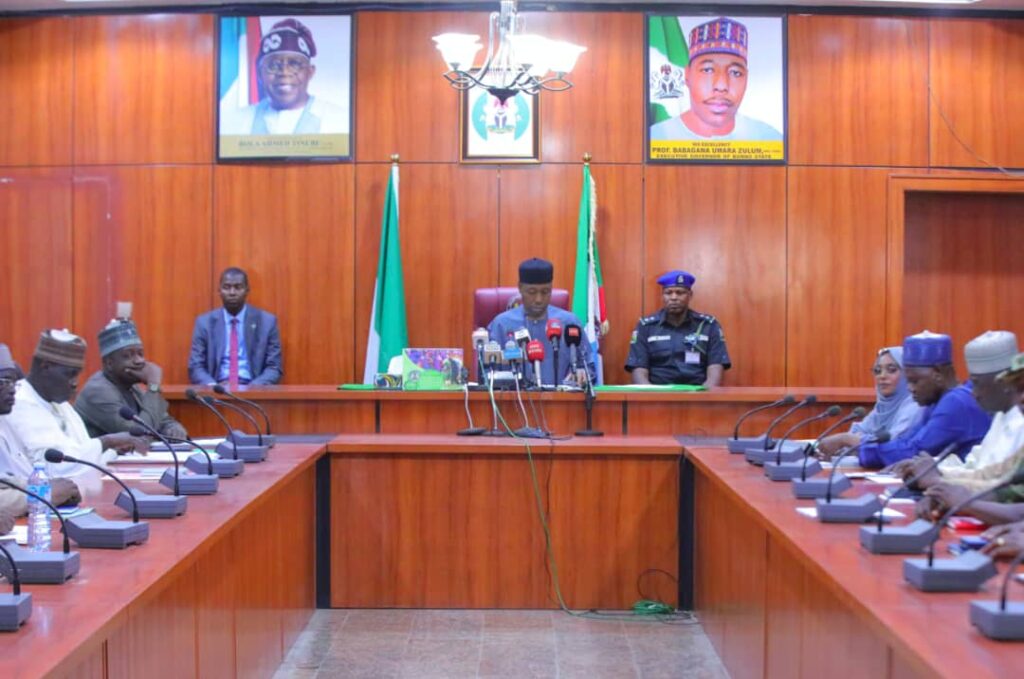 Borno State Governor, Prof. Babagana Zulum in a meeting with members of the reconstituted committee at the Government House, Maiduguri