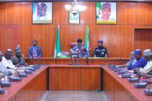 Borno State Governor, Prof. Babagana Zulum in a meeting with members of the reconstituted committee at the Government House, Maiduguri