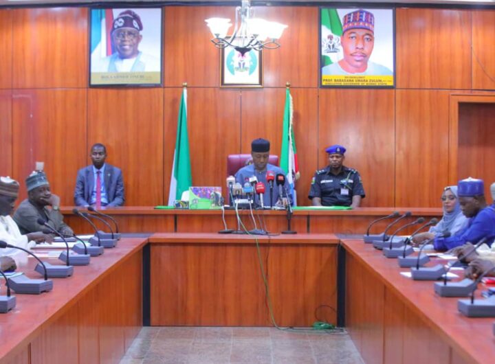Borno State Governor, Prof. Babagana Zulum in a meeting with members of the reconstituted committee at the Government House, Maiduguri